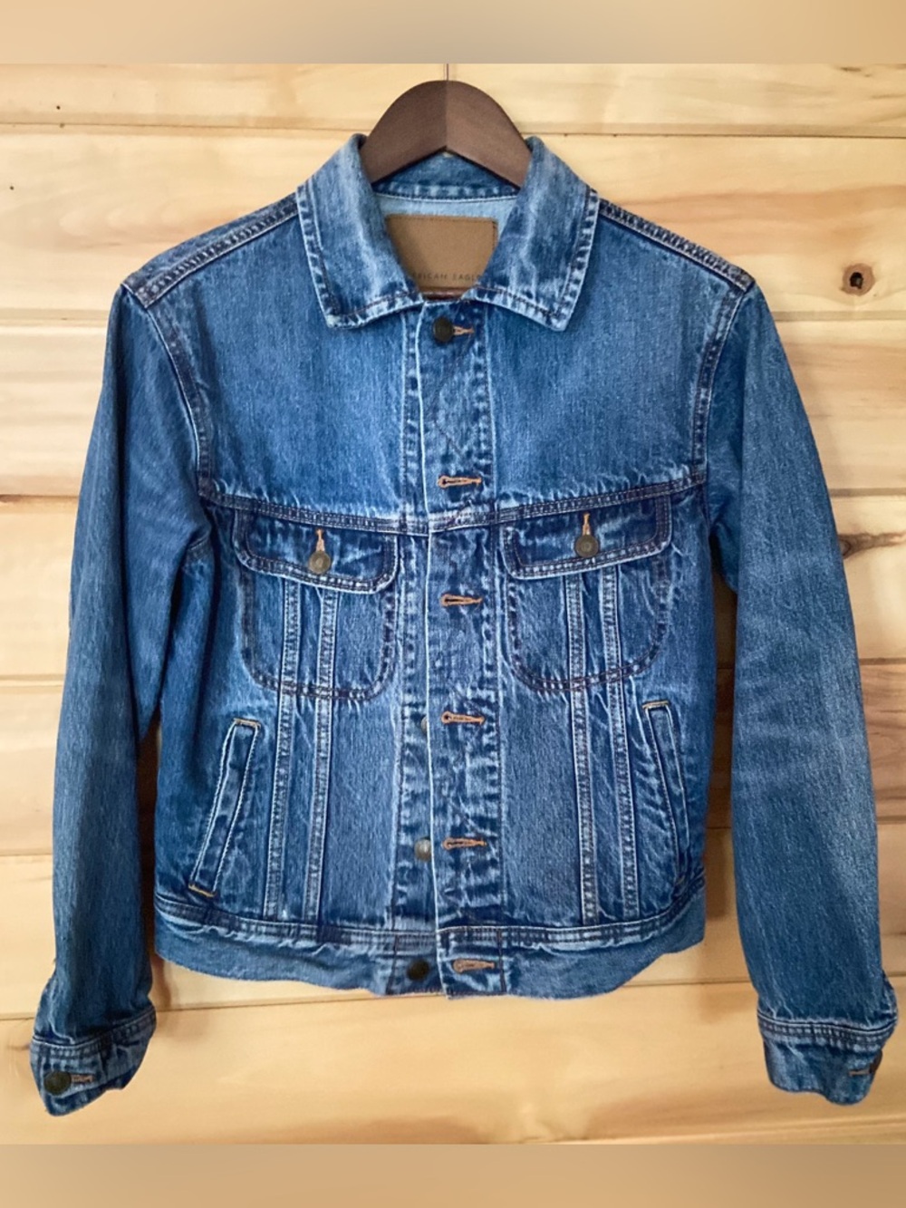 American Eagle Denim Long Sleeve Jacket with Distressing Size Extra Small